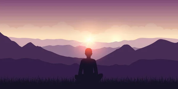 Persona disfruta de la vista de la montaña paisaje púrpura con sol — Vector de stock