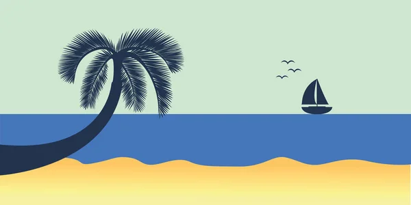 Mar azul con yate paisaje de naturaleza marina con velero y hoja de palma — Archivo Imágenes Vectoriales