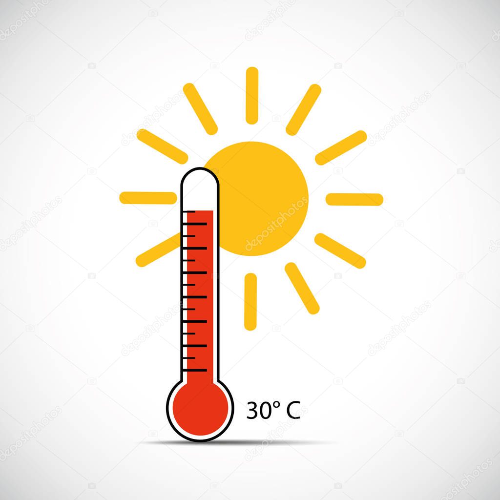 heat thermometer icon 30 degrees summer weather with sunshine