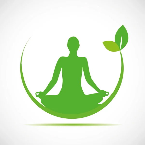 Persona en yoga pose silueta verde naturaleza círculo — Vector de stock