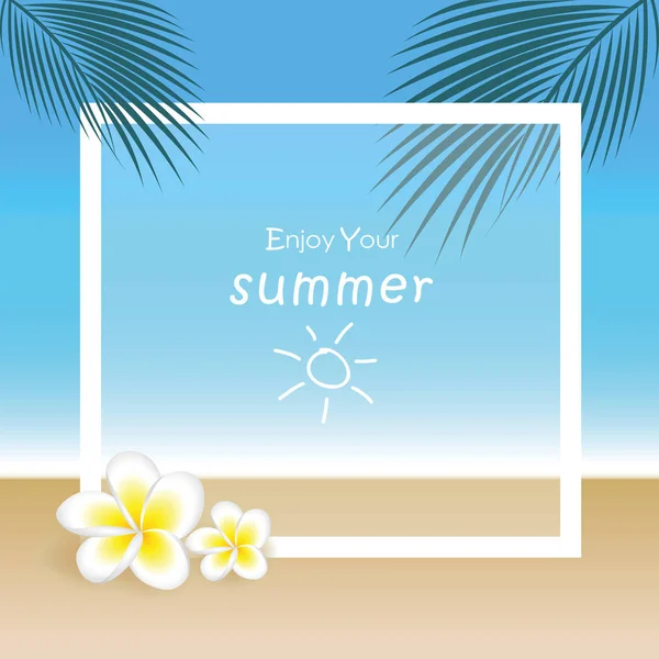 Frangipani egzotikus virágok és Pálma levél a gyönyörű strand nyári háttér — Stock Vector