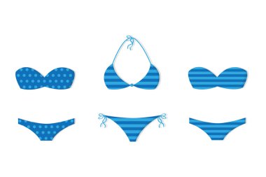 farklı desenleri ile üç mavi bikini