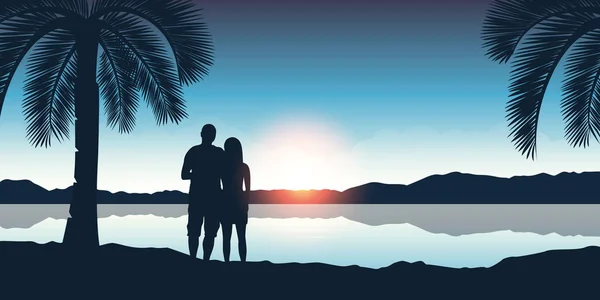 Pareja disfrutar de la puesta de sol en una hermosa playa de palmeras — Archivo Imágenes Vectoriales