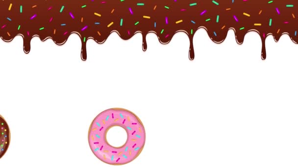 Doce derretimento cobertura de chocolate com polvilhas coloridas e donuts coloridos — Vídeo de Stock