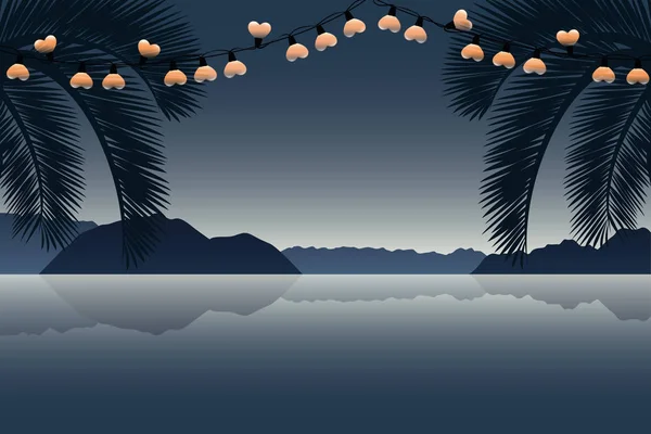 Estate vacanza paradiso palma spiaggia con il cuore fata luce — Vettoriale Stock