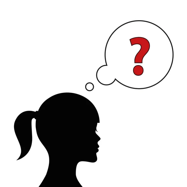 Silhouette of a woman with thought bubble and question mark — Stock Vector