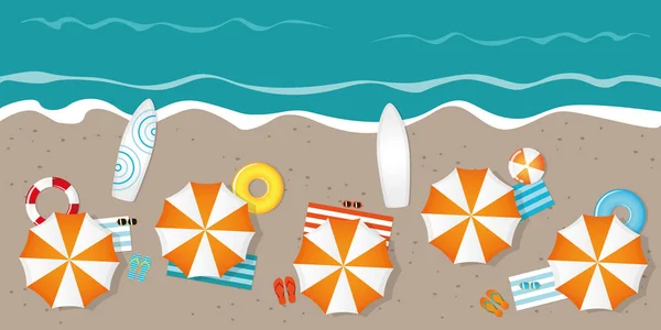 Plage touristique avec parasols lunettes de soleil et planches de surf — Image vectorielle