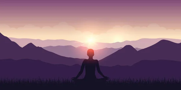 Peaceful meditation with mountain view purple landscape and sunshine — Stock Vector