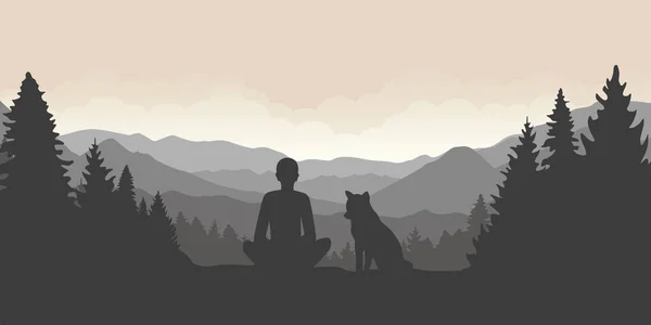 Mensch und Hund Berg- und Waldlandschaft — Stockvektor