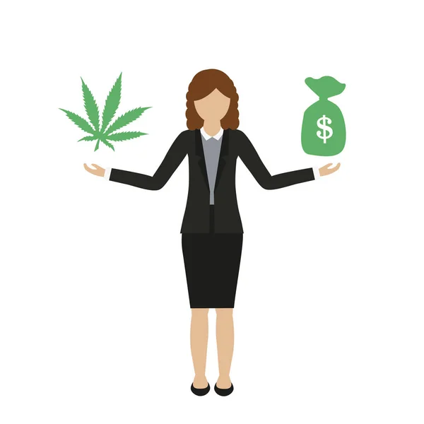 Personagem mulher de negócios faz dinheiro com cannabis — Vetor de Stock