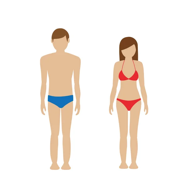 Personaggio uomo e donna in costume da bagno bikini e costume da bagno — Vettoriale Stock