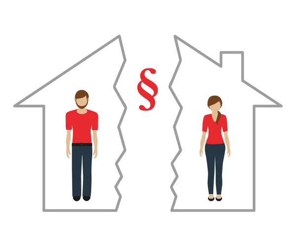 La división de la propiedad al divorcio del hombre y la mujer en la casa media — Vector de stock