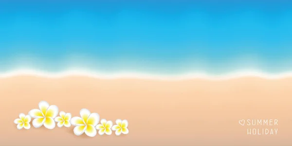 Sommerurlaub Hintergrund türkisfarbenes Wasser und Sandstrand mit tropischen Frangipani-Blumen — Stockvektor