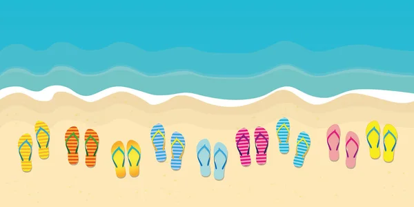 Veel kleurrijke slippers op het strand zomer vakantie ontwerp — Stockvector