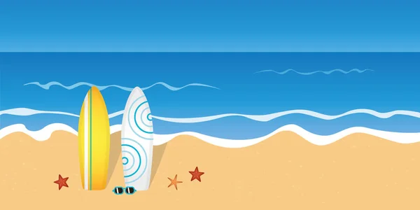 Дві дошки для серфінгу та сонцезахисні окуляри на пляжі з зіркою — стоковий вектор