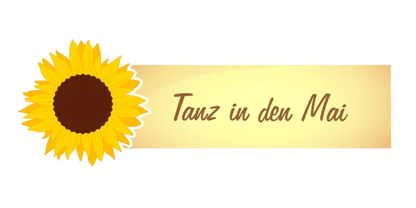 Maifestgestaltung mit Sonnenblume und deutschem Text Tanz in den Mai — Stockvektor