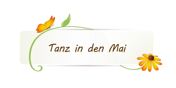Maifest-Design mit Blumen-Schmetterling und deutschem Text Tanz in den Mai — Stockvektor