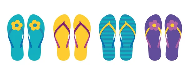 Conjunto de chanclas de colores colección de verano nadar desgaste con flor — Vector de stock