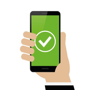 Yeşil onay işareti simgesi olan siyah bir smartphone erkek elini tutuyor