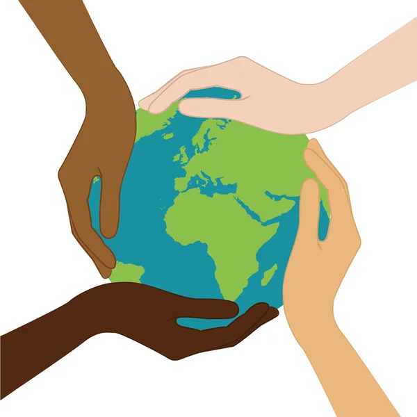 Planet earth in the middle of human hands with different skin colors — Stock Vector