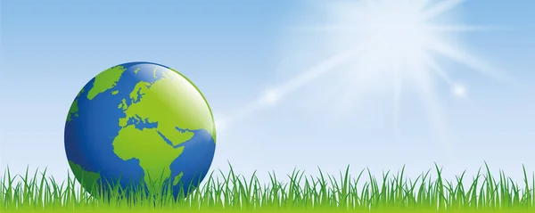 Планета Земля на зеленому лузі з сонячним банером з копіювальним простором — стоковий вектор