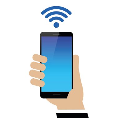 Erkek el Wi-Fi sembolü ile siyah bir akıllı telefon tutuyor