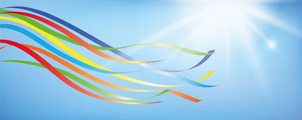 Nastri colorati maypole nel cielo blu con sole — Vettoriale Stock