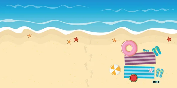 Empreintes de pas sur la plage avec des tongs d'étoiles de mer et des lunettes de soleil — Image vectorielle