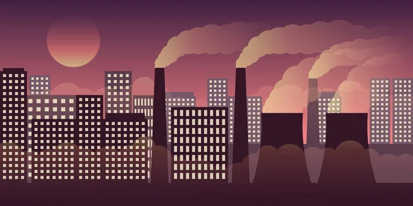 Paysage urbain de nuit avec pollution par l'industrie et smog — Image vectorielle