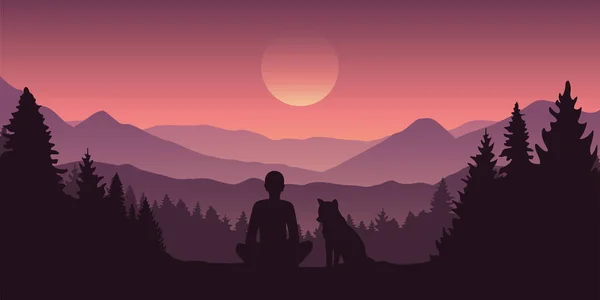 Hombre y su perro hermoso rojo montaña bosque paisaje — Archivo Imágenes Vectoriales