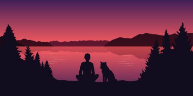 adam ve köpeği göl güzel kırmızı manzara