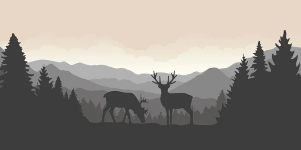 Dos renos en las montañas con paisaje forestal — Vector de stock