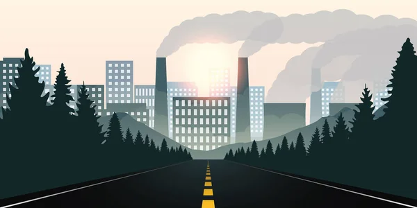 Forest road towards city and pollution by industry — Stock Vector
