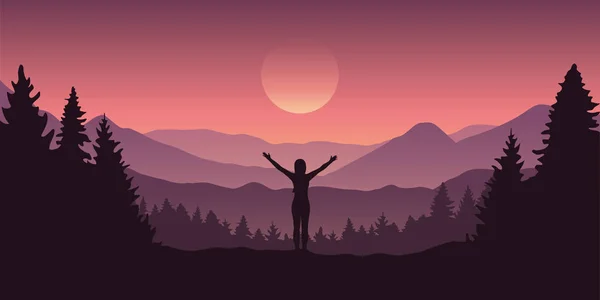 Щаслива дівчина з піднятими руками на красивому гірському і лісовому ландшафті — стоковий вектор