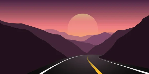 Asfalt snelweg tussen de bergen bij Sunrise Travel landscape — Stockvector