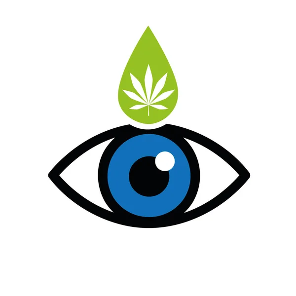 Ojo azul con ícono verde de gota de cannabis aislado sobre fondo blanco — Archivo Imágenes Vectoriales