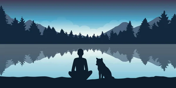 Člověk a jeho pes si užívají lesní přírodu na jezeře — Stockový vektor