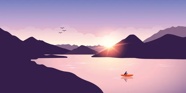 Aventura de piragüismo solitario con barco naranja al amanecer en el lago — Archivo Imágenes Vectoriales