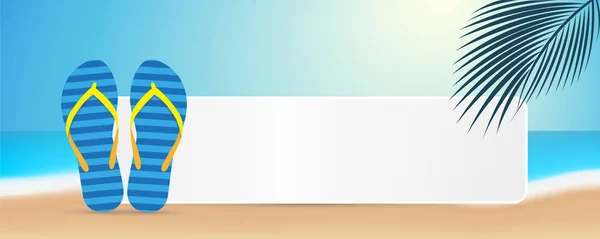 Tongs bleues en été sur la plage avec feuille de palmier et espace pour votre message — Image vectorielle