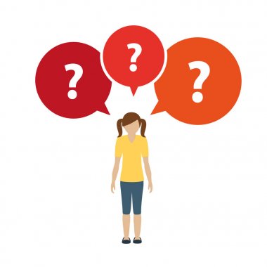 küçük kız karakter beyaz arka plan izole birçok soru var