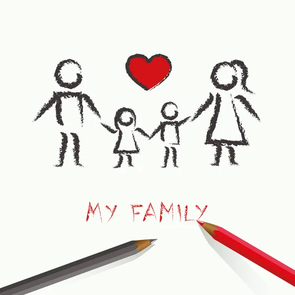 เด็ก ๆ วาดภาพครอบครัวที่มีความสุขด้วยหัวใจสีแดง — ภาพเวกเตอร์สต็อก