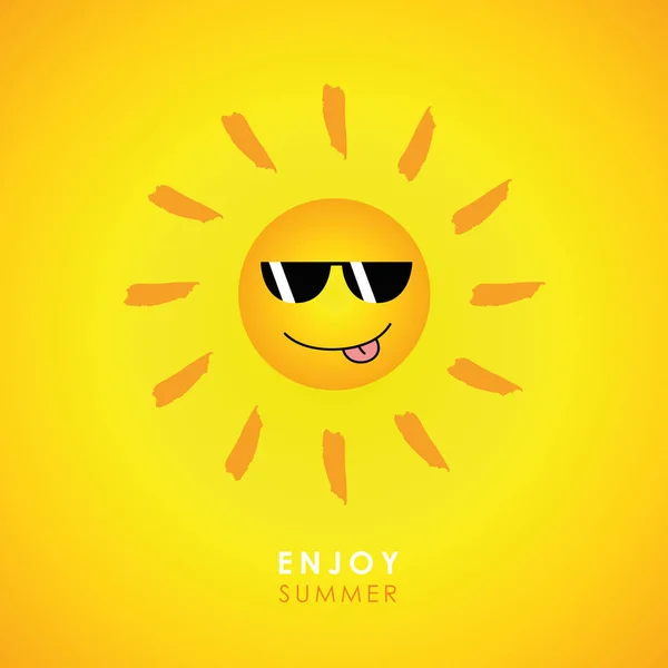 Vrolijk lachende zon met zonnebril op gele achtergrond — Stockvector