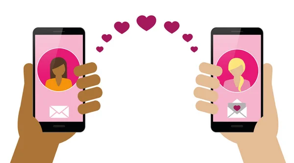 Online dating tussen twee homoseksuele vrouwen via smartphone — Stockvector