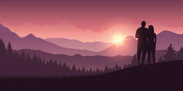 Ζευγάρι να απολαύσει το βουνό τοπίο στο sunrise — Διανυσματικό Αρχείο