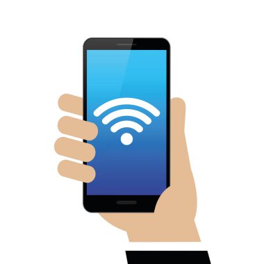 Erkek el Wi-Fi sembolü ile siyah bir akıllı telefon tutuyor