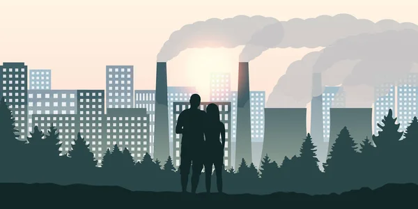 Пара смотрит направление город и загрязнение по отраслям — стоковый вектор