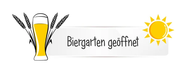 Birreria giardino aperto tipografia tedesca etichetta bianca con birra di frumento e sole isolato su sfondo bianco — Vettoriale Stock