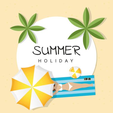 yaz tatili tasarım kız bir şemsiye ve palmiye ağacı altında plajda yatıyor