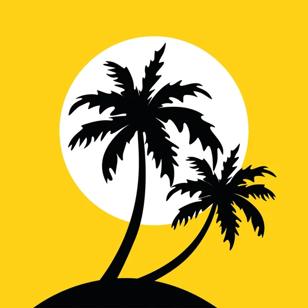 Pequeña isla con palmeras y sol sobre fondo amarillo — Archivo Imágenes Vectoriales