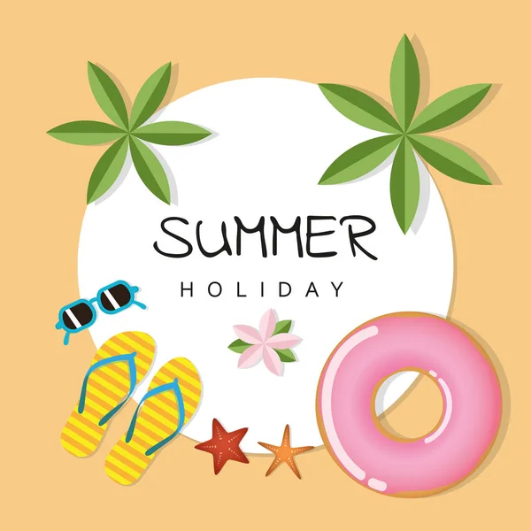 Palmiye güneş gözlüğü parmak arası terlik ve denizyıldızı ile yaz tatili tasarımı — Stok Vektör